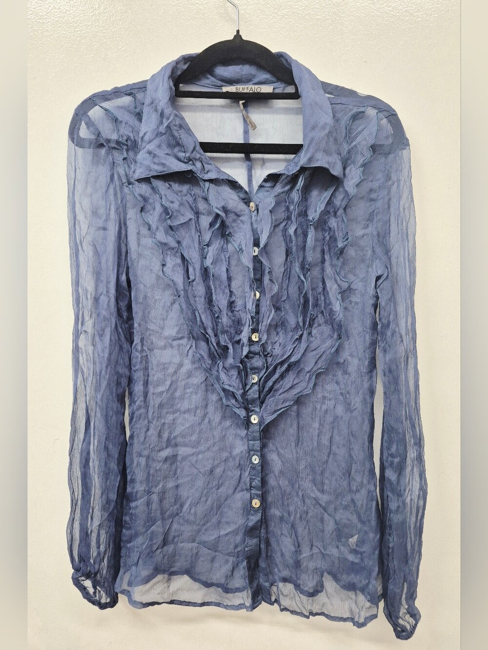 🌼5/$20 Buffalo David Bitton Blue Button Down Ruffles Blouse ❣️Read About Size